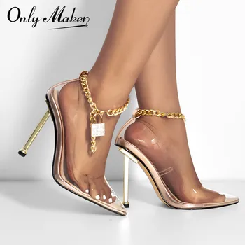 Onlymaker Femei Brand Mare Dimensiune a Subliniat Deget de la picior de Metal Subțire Toc Pompe de Metal Decor din PVC de Vară Rochie de Petrecere Sandale
