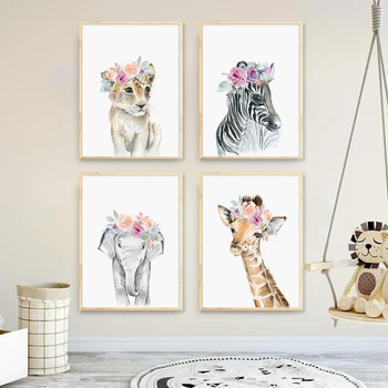 Flori De Animale Panza Poster Leu, Zebra, Elefant, Girafa Pepinieră Wall Art Print Pictura Pe Perete Poze Copii Decor Dormitor Pentru Copii
