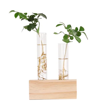 De Vânzare La Cald Cristal Eprubetă De Sticlă Vaza Flori Plante Hidroponice De Plantat+ Suport De Lemn Decorat Cu O Floare Decor Acasă