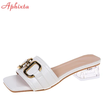 Aphixta 2022 Cataramă de Metal 3,5 cm Transparente Toc Patrat Slide-uri de Femei Peep Toe Catâri Rece Vara Papuci Sandale Elegante, Pantofi