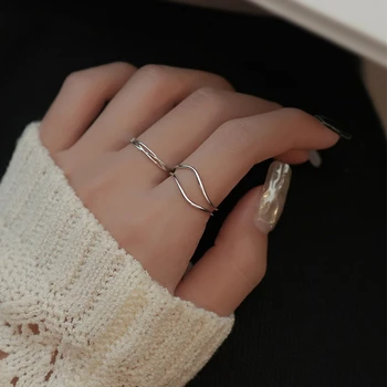 Minimalist Argint 925 Cu Strat Dublu Val Deschide Inel Pentru Femei De Moda Geometrică Neregulată Deget Inelul De Partid Bijuterii