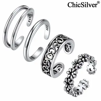 ChicSilver 4BUC Reglabil pe Deget Inel pentru Femei Teen Argint 925 Deschide Coada Inel de Trupa Hawaiian Picior Gol Bijuterii