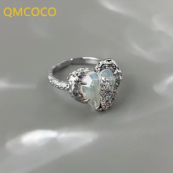 QMCOCO Argint Culoare Cristal Zircon Dragoste Inima în formă de Inele INS Stil Femeie de Lux, Design Simplu, Rafinat Dulce Inele de Nunta