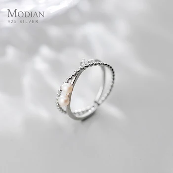 Modian Zircon Spumante Elegant Pearl Geometrică Cerc Dublu Deschide Reglabil Argint 925, Inel pentru Femei Bijuterii Fine