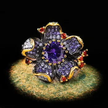 2021 Nou Unic Diamant Violet în Formă de Floare Negru Inel de Aur Zircon Bijuterii Strălucitoare Petrecere Elegantă pentru Femei