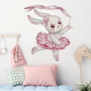 Acuarelă Balerina Drăguț Bunny Autocolante de Perete Roz Copil Pepinieră Cameră Decalcomanii de Perete Decor Acasă Decor Autocolante Balet Stil PVC