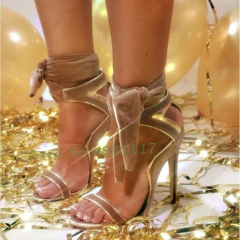 Piele de căprioară Panglică Toc Stiletto, Sandale Femei Fluture Nod Cruce Curea de Culori Amestecate Pantofi Peep Toe Sandale de Vara Femei