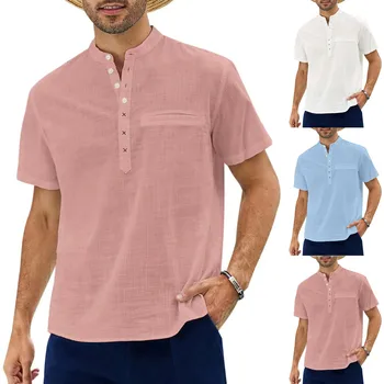 2022 casual de vara Plaja camasa barbati maneca scurta Guler de Stand Casual se potrivesc de culoare vândute shirt pentru bărbați lenjerie de pat din bumbac tricouri barbati