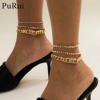 Hip Hop Bucată de Gheață Afară Cubanez Lanț Anklet pentru Femei 3Pcs/Set Stras Aur Picior Culoare Bratara Bratari Bijuterii Desculț Sandale