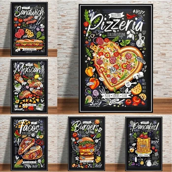 Alimente Delicioase, Cartofi Prajiti Burger, Pizza, Sandwich Încă De Viață Tablouri Canvas Postere, Printuri De Arta De Perete Bucatarie Restaurant Casa Art Decor
