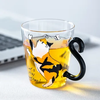 250ML Personalizate Sticlă Pisica Drăguț Suc Ceașcă de Cafea Papură Ocupe de Pisoi Lingură din Oțel Inoxidabil Moda Creative Milkshake Cupe