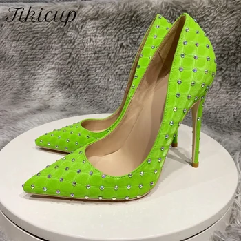 Tikicup Verde Fluo Model Carouri Pietre Decor Femei Material Ascuțite Toe Pantofi Cu Toc Sexy Stilet Pompe Confortabil