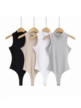 Vara O-neck fără Mâneci Tricotate Elastic Slim Costume Femei Culoare Solidă Bodysuit 2022 Topuri