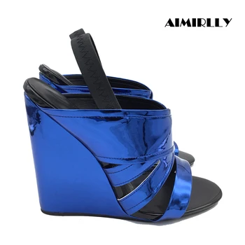 Femei de moda a lui Wedge Sandale, Pantofi cu Toc inalt Sandale Doamnelor de Vară Comfort Încălțăminte Casual Metalice Oglinda Albastru Patent
