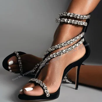 Abesire Negru cu Fermoar Spate Cristal Sandale Femei Tocuri Tocuri Glezna, Catarama Nunta de Vara Pantofi pe Tocuri Fete Sandale