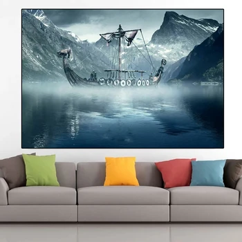 Peisaj Rece Nordului Viking Nave Lungi De Panza Pictura Pe Perete Postere De Arta Bedroom Home Decor Camera De Zi Printuri Fara Rama