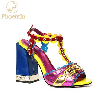 Phoentin violet t-curea femei sandale din piele 2021 noua moda nit amestecat culori de vara pentru femei pantofi cu tocuri înalte FT457