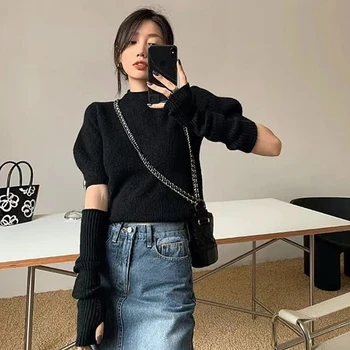 Coreeană Pulover Tricotate Femei Detașabil Manșetă Tricotaje Elegante De Designer Primavara Pulover Y2k Streetwear Doamnă Birou Vintage Negru