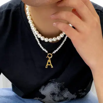 Boem Mare Nume Initiala Scrisoare Pandantiv Colier pentru Femei Barbati Artificiale Forma de Perle Colier Moda de Primăvară Incuietoare Bijuterii Cadou