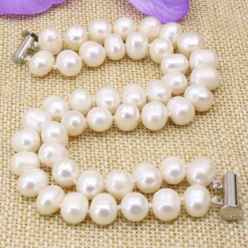 De vânzare la cald alb natural 8-9mm nearround margele perla strand 2 randuri de margele bratari & brățară femei farmece bijuterii 7.5 inch B3178