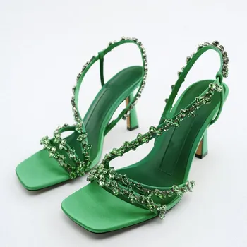 115845 Europene și Americane de Moda cu Toc Sandale Femei Verde Albastru Margele Toc Subțire Piața Open Toe Pantofi pentru Femei