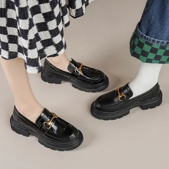 Stil britanic cu talpi groase mici pantofi din piele pentru femei de primăvară și de toamnă toate-meci femei pantofi slip-on mocasini de piele