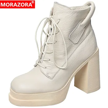 MORAZORA 2022 Noi din Piele Cizme cu Platforma Femei Dantelă-Up de Iarna Glezna Cizme Tocuri Groase Pantofi de Moda