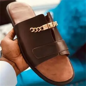 Noile Sandale Barbati Pantofi PU Solid de Culoare Moda Casual, Piscina Plaja de zi cu Zi Un Cuvânt Deget de la picior Deschis Lanț de Metal Confortabil Papuci de casă CP169