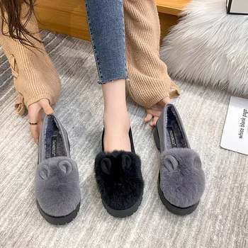 Femeile Pufos de Plus Pantofi Plat 2022 Moda Iarna Cald Plus Pantofi pentru Femei Blană de Iepure Doamnelor Mocasini Slip on Casual Cotten Pantofi