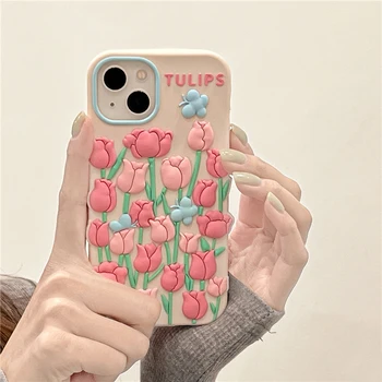 3D drăguț Floare de Lalea Fluture Caz Pentru iPhone 13 12 11 14 Pro Max XS X XR 7 8 14 Plus SE 3 2 Silicon Moale de Telefon Capacul din Spate