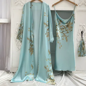 Imprimare 2 buc Halat de Somn pentru Femei Costum de Mireasa Kimono-Halat de baie Rochie de Lenjerie din Satin V-Gât Sleepwear Curea camasa de noapte, haine de casă