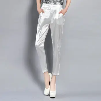 Moda Elegant de Mătase Satin Creion Pantaloni de Vara Subtiri Pachet Picioarele Solid de Înaltă Talie Elastica Toate-meci de Trupa Casual pentru Femei Pantaloni