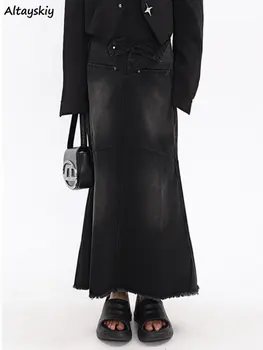 Denim Fuste Maxi Femei Negru Spălat Epocă Talie Mare Vara Elegante Streetwear Y2k Haine de Toate-meci de Tineret Retro Faldas Mujer