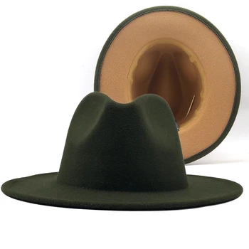 Unisex Exterior Armata Verde Interioară tan Lână Simțit Jazz Pălării Fedora cu Curea Subțire Catarama Bărbați Femei Margine Largă Panama Trilby Pac L XL