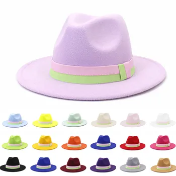 Pălării Fedora pentru Femei Barbati Verde Roz Patckwork Centura Simțit Pălărie de Soare Moda Noua Margine Largă Panama Trilby Capac en-Gros