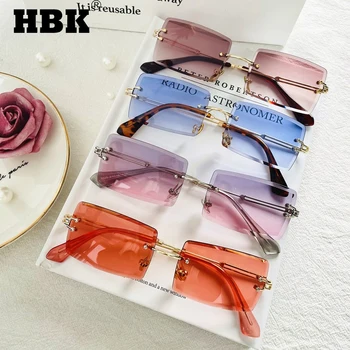 HBK Albastru fără ramă de ochelari de Soare Femei 2021 Stil Retro Mic Dreptunghi de Aur Roșu Lanț de Metal Ochelari de Soare Patrati Fara rama Pentru Bărbați