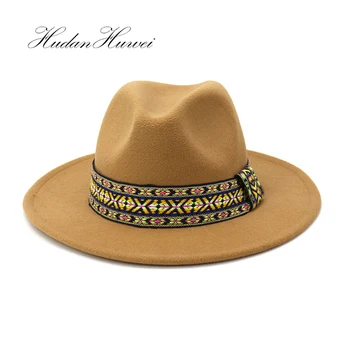 Clasic Britanic Wollen Simțit Jazz Panama Pălării Pălării Supradimensionate Margine Largă Cowboy Domnilor Elegante Femei Top Negru Pălării Capace