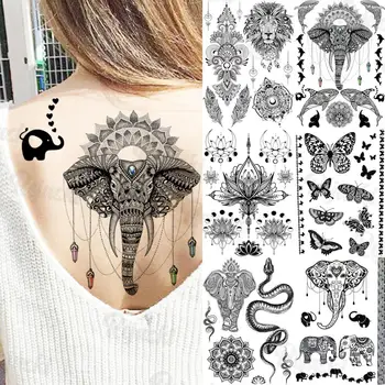 Henna Elefant Pandantiv Tatuaje Temporare Pentru Femei Barbati Leu Fluture Șarpe Cu Pene Autocolant Tatuaj Fals Glamour Înapoi Corp Tatuaje