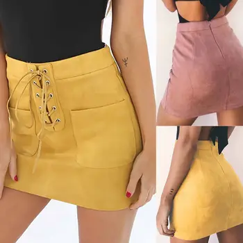 Moda Femei De Vară Cutat Fără Sudură Dantelă-Up Solid Clubwear Întinde Strâns Sexy Bodycon Mini-Fusta Scurta Fusta Creion