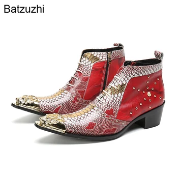 Batzuzhi Nou Design de Pantofi pentru Bărbați, Aur, Fier de călcat Picior de Aur Roșu de Piele Glezna Cizme pentru Bărbați Piele de Sarpe de Moda de Petrecere/Nunta Cizme Barbati