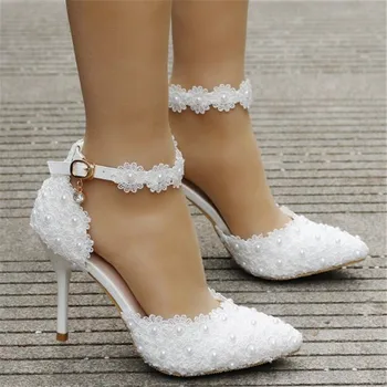 Super slim înalte 9cm dantelă albă tocuri pantofi de nunta mireasa sexy tricotate degetele de la picioare perle dantelă flori cu partea deschisă în vara pantofi de mireasa