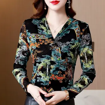 2022 Nouă Epocă Printed V-Neck T-shirt Îmbrăcăminte pentru Femei Butonul Îmbinat Primavara Toamna cu Maneci Lungi coreean Elegant Slim Pulovere