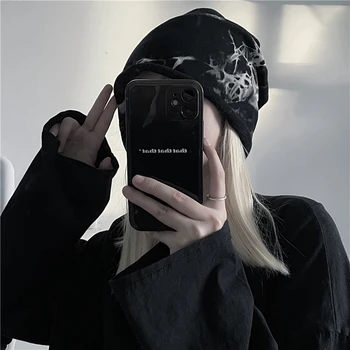 Y2k Fata Bază Purta Punk Lady Om Harajuku Dark Goth Strada Hip-hop-ul în aer liber Căciuli Gotic Negru Unisex Femei Tie Dye Chelioși