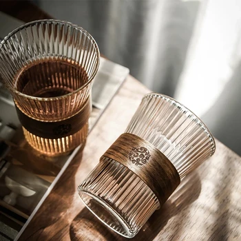 Linii verticale de Sticlă Ceașcă de Cafea Reutilizabile Cana de Cafea cu Lemn Maneca Stil Japonez Sticlă de Ceai cu Lapte și Cafea Cappuccino