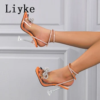 Liyke 2023 New Sosire Moda Cristal Fluture Nod Femeile Nunta Sandale De Vara, Sandale De Curea Cataramă Transparent, Pantofi Cu Toc
