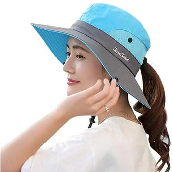 Femei Vara Ochiuri de Margine Largă de Soare Protectie UV Pălărie cu Coada de cal Gaura Pliabil Safari Pescuit Capac
