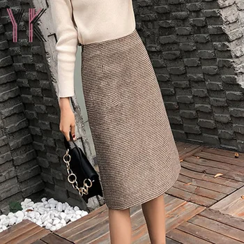 Birou Doamnă Munca Carouri Lână Amestec Spate Fantă Subțire Drepte Fuste Midi Vintage Estetice Coreean Elegant Sukienka Tweed Cald Saia
