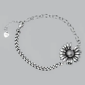 Culoare Argintiu Elegant Coreea Retro Floarea-Soarelui 925 Timbru Brățări Pentru Femei Lanț De Link-Ul Bratari Bijuterii En-Gros
